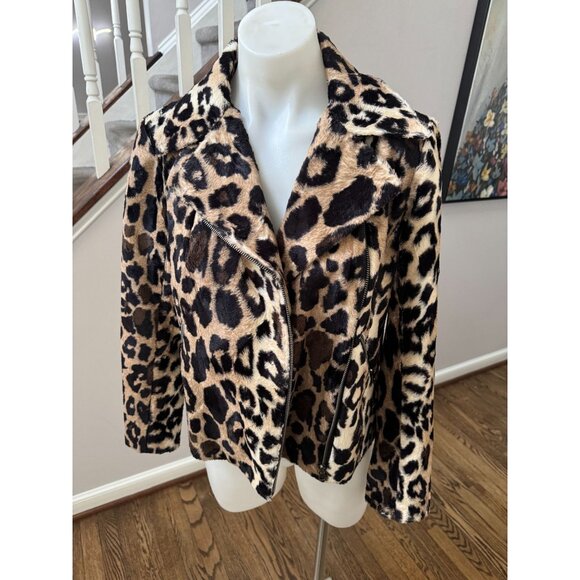 TRINA TURK Wine Country Reprise Leopard Faux Fur Moto Jacket Size 0 - Picture 3 of 4